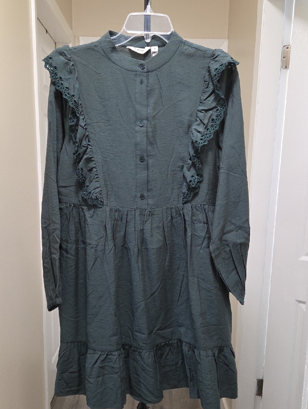 NWT b.young Dark Green Ruffle Button Front Dress | Victorian Boho Prairie - Picture 2 of 12